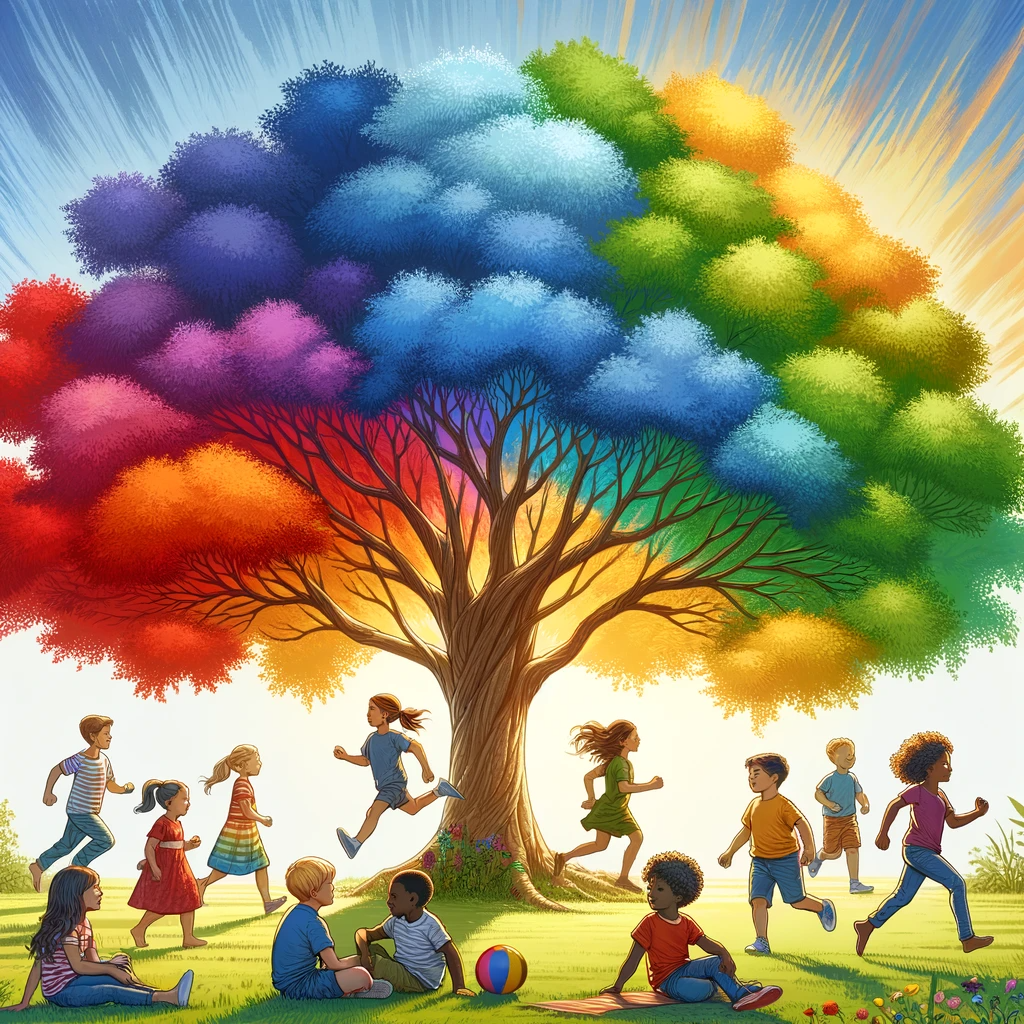 Spielende Kinder unterm bunten Baum